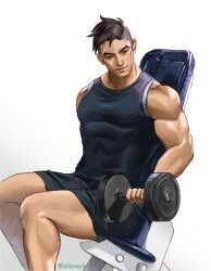 Rule 34 | 1boy, alleveolive, artist name, black hair, black shirt, black shorts, commentary, craig cahn, dream daddy: a dad dating simulator, dumbbell, english commentary, exercising, feet out of frame, full body, highres, male focus, muscular, muscular male, pectorals, shirt, short hair, shorts, simple background, sitting, solo, thick eyebrows, undercut, weightlifting, white background