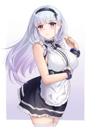 Rule 34 | 1girl, absurdres, ahisazon, anchor symbol, apron, azur lane, black skirt, blue hair, breasts, center frills, clothing cutout, collar, dido (azur lane), frills, gradient background, highres, large breasts, long hair, looking at viewer, metal collar, red eyes, skirt, sleeveless, solo, standing, thighhighs, underboob, underboob cutout, white apron, white thighhighs, zettai ryouiki