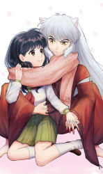 Rule 34 | 1boy, 1girl, absurdres, animal ears, barefoot, black hair, brown eyes, brown footwear, collared shirt, couple, dog ears, eye contact, green skirt, hetero, highres, higurashi kagome, holding hands, index finger raised, inuyasha, inuyasha (character), japanese clothes, kimono, kneehighs, loafers, long hair, long sleeves, looking at another, miniskirt, neckerchief, pink scarf, pleated skirt, popehe, red kimono, red neckerchief, sailor collar, sailor shirt, scarf, school uniform, serafuku, shared clothes, shared scarf, shirt, shoes, silver hair, simple background, skirt, socks, very long hair, white background, white shirt, white socks, yellow eyes