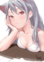 Rule 34 | 1girl, animal ears, artist name, bare arms, bare shoulders, bra, breasts, cat ears, cleavage, collarbone, feiqizi (fkey), fkey, hair between eyes, hand up, head rest, highres, long hair, looking at viewer, original, red eyes, signature, silver hair, simple background, small breasts, solo, underwear, upper body, white background, white bra