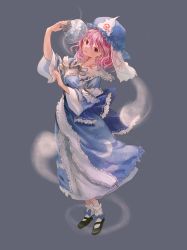 Rule 34 | 1girl, 80isiiii, \||/, absurdres, arm up, blue kimono, crescent print, full body, grey background, hair between eyes, hand fan, hat, highres, hitodama, holding, holding fan, japanese clothes, kimono, light smile, looking at viewer, mob cap, pink hair, saigyouji yuyuko, sleeves past elbows, socks, solo, standing, touhou, triangular headpiece, wide sleeves