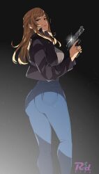 Rule 34 | 1girl, ass, aya brea, beretta 92, black jacket, blonde hair, blue eyes, blue pants, breasts, closed mouth, colored eyelashes, commentary, cowboy shot, denim, english commentary, gun, hair over shoulder, handgun, highres, holding, holding gun, holding weapon, jacket, jeans, leather, leather jacket, long hair, long sleeves, looking at viewer, pants, parasite eve, r3dfive, shirt, simple background, solo, swept bangs, weapon, white shirt