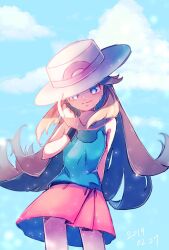 1girl black_wristband blue_eyes blue_shirt brown_hair bucket_hat cloud creatures_(company) day game_freak hair_flaps hand_on_headwear hand_up hat highres leaf_(pokemon) long_hair nintendo outdoors pleated_skirt pokemon pokemon_frlg r.aka. red_skirt shirt skirt sky sleeveless sleeveless_shirt solo white_hat wristband