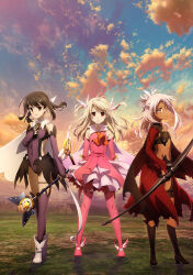 Rule 34 | 3girls, bare shoulders, black bra, black footwear, black hair, black panties, blonde hair, boots, bow (weapon), bra, breasts, brown eyes, cape, chloe von einzbern, closed mouth, cloud, cloudy sky, commentary request, dark-skinned female, dark skin, detached sleeves, dress, earrings, fate/kaleid liner prisma illya, fate (series), feather hair ornament, feathers, full body, hair ornament, hairclip, hand on own chest, hill, holding, holding bow (weapon), holding wand, holding weapon, illyasviel von einzbern, jewelry, kaleidostick, knee boots, leotard, light smile, long hair, long sleeves, looking at viewer, magical girl, magical ruby, magical sapphire, midriff, miyu edelfelt, multiple girls, official art, outdoors, panties, parted bangs, photoshop (medium), pink dress, pink footwear, pink hair, pink sleeves, prisma illya, purple leotard, purple sleeves, purple thighhighs, red cape, red eyes, sky, sleeves past wrists, small breasts, standing, stomach, straight-on, thigh boots, thighhighs, underwear, wand, weapon, white cape, white footwear, x hair ornament, yellow eyes, zettai ryouiki
