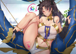 Rule 34 | 1girl, bad id, bad pixiv id, black ribbon, blush, breasts, crown, ctrlz77, earrings, english text, fate/grand order, fate (series), female pubic hair, hair ribbon, heavenly boat maanna, high heels, highres, hoop earrings, ishtar (fate), ishtar (fate), jewelry, large breasts, long legs, looking at viewer, neck ring, pubic hair, red eyes, ribbon, saint quartz (fate), solo, sparkle, tohsaka rin