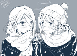 Rule 34 | 2girls, absurdres, beanie, blush, commentary request, ear blush, eye contact, hair ornament, hairclip, hat, highres, jacket, kashikaze, long hair, looking at another, love live!, love live! sunshine!!, monochrome, multiple girls, parted lips, sakurauchi riko, scarf, short hair, simple background, single sidelock, upper body, watanabe you, winter clothes