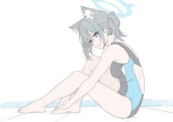 Rule 34 | 1girl, animal ear fluff, animal ears, back cutout, bare legs, barefoot, black one-piece swimsuit, blue archive, blue eyes, blush, breasts, clothing cutout, competition swimsuit, cross, cross hair ornament, earrings, extra ears, feet, flat color, from side, full body, grey hair, hair ornament, hair tie, halo, inverted cross, jewelry, masabodo, medium breasts, medium hair, mismatched pupils, official alternate costume, one-piece swimsuit, ponytail, shiroko (blue archive), shiroko (swimsuit) (blue archive), sidelocks, simple background, solo, stud earrings, swimsuit, wolf ears