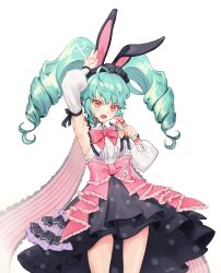 Rule 34 | 1girl, absurdres, animal ear hairband, animal ears, arm up, black hairband, black skirt, blue hair, bow, breasts, cowboy shot, detached sleeves, drill hair, fake animal ears, feet out of frame, frilled skirt, frills, hairband, hand up, highres, holding, holding microphone, honsi (xhnu3527), idol clothes, idol land pripara, katasumi amari, long hair, long sleeves, looking at viewer, medium breasts, microphone, open mouth, pink bow, pink eyes, polka dot, polka dot skirt, pretty series, pripara, rabbit ears, shirt, simple background, skirt, solo, standing, treble clef, twin drills, twintails, very long hair, waist bow, white background, white shirt