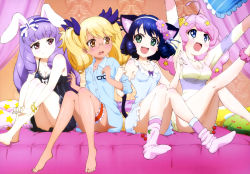 Rule 34 | 10s, 4girls, :d, absurdres, animal ears, arm up, barefoot, blonde hair, blue eyes, blue hair, bracelet, brown eyes, cat ears, cat tail, chemise, cherry, chuchu (show by rock!!), cyan (show by rock!!), dog tail, fang, feet, food, frilled pillow, frills, fruit, girl sandwich, green eyes, highres, hugging own legs, jewelry, bridal garter, leg warmers, legs, moa (show by rock!!), multiple girls, no shoes, non-web source, nyantype, official art, open mouth, pillow, pink hair, purple hair, rabbit ears, retoree (show by rock!!), sandwiched, scrunchie, show by rock!!, smile, socks, star (symbol), star print, tail, toes