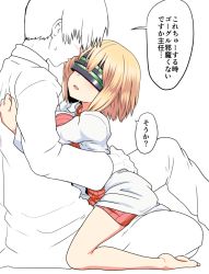 Rule 34 | 1boy, 1girl, bad id, bad pixiv id, bare shoulders, blonde hair, blush, breasts, head-mounted display, hetero, hug, lab coat, open mouth, original, partially colored, short hair, smile, take (shokumu-taiman), translation request, white background