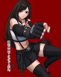 Rule 34 | 1girl, bad id, bad twitter id, black gloves, black skirt, black thighhighs, boots, clenched hands, closed mouth, collarbone, commission, crop top, final fantasy, final fantasy vii, final fantasy vii remake, fingerless gloves, fingernails, foreshortening, gloves, highres, materia, prayudi555, red background, red eyes, red footwear, serious, simple background, skirt, solo, suspender skirt, suspenders, tank top, thighhighs, tifa lockhart, white tank top, zettai ryouiki