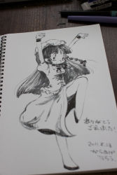 Rule 34 | 10s, 1girl, 2011, bow, braid, chinese clothes, dated, eraser, fighting stance, hair bow, hat, hong meiling, karaagetarou, long hair, mechanical pencil, monochrome, open mouth, pencil, photo (medium), puffy short sleeves, puffy sleeves, shoes, short sleeves, side slit, signature, standing, standing on one leg, star (symbol), tangzhuang, touhou, traditional media, twin braids, wristband