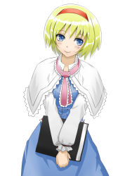 Rule 34 | 1girl, alice margatroid, blonde hair, blue dress, blue eyes, blush, book, capelet, dress, facing viewer, hairband, kazu (rakugakino-to), leaning, long sleeves, looking away, own hands together, ribbon, sash, short hair, simple background, smile, solo, touhou, v arms, white background