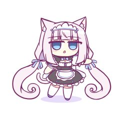 Rule 34 | 1girl, animal ear fluff, animal ears, apron, blue bow, blue eyes, blue footwear, blunt bangs, blush, bow, cat ears, cat girl, cat tail, chibi, kashimu, long hair, looking at viewer, low twintails, maid, maid apron, maid headdress, nekopara, open mouth, ribbon, simple background, solo, tail, thighhighs, twintails, vanilla (nekopara), white hair, white ribbon