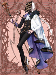 Rule 34 | 1boy, ascot, black pants, black vest, braid, brooch, brown background, cape, covered face, dairoku ryouhei, full body, hand on own hip, jewelry, jonau, long hair, low-braided long hair, low-tied long hair, male focus, nail polish, pants, piano print, purple cape, purple nails, sheet music, simple background, solo, staff, standing, treble clef, two-tone cape, vest, white ascot, white cape, white footwear, white hair