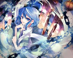 Rule 34 | 1girl, aqua dress, banner, window blinds, blue eyes, blue hair, breasts, chain, commentary, dress, drill hair, floral print, frills, from above, hagoromo, hair ornament, hair rings, hair stick, hand on own chin, highres, kaku seiga, katayama kei, lantern, looking at viewer, medium breasts, paper lantern, parted lips, puffy short sleeves, puffy sleeves, shawl, short hair, short sleeves, sidelocks, smile, solo, tapestry, touhou, vest, white vest