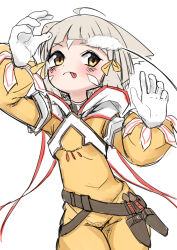 1girl absurdres ahoge animal_ears belt cat_ears cat_girl closed_eyes dagger gloves grey_hair highres jumpsuit knife nia_(xenoblade) sheath sheathed short_sleeves simple_background sketch solo taiyaki_(powan_po40) tongue tongue_out weapon white_background white_gloves xenoblade_chronicles_(series) xenoblade_chronicles_2 yellow_eyes yellow_jumpsuit