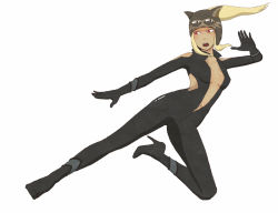 Rule 34 | 1girl, alternate costume, alternate hairstyle, animal ears, bad id, bad pixiv id, bare shoulders, breasts, capybara303, cat ears, catsuit, center opening, flying kick, goggles, goggles on head, gravity daze, helmet, high heels, kicking, kitten (gravity daze), navel, no bra, ponytail, red eyes, shoes, sidelocks, small breasts, solo