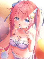 Rule 34 | 1girl, bare arms, bare shoulders, bikini, blue bow, blue eyes, blush, bow, breasts, commentary request, cup, disposable cup, food, frilled bikini, frills, hair between eyes, hair bow, hair ornament, hairclip, heart, heart o-ring, highres, holding, holding spoon, innertube, long hair, looking at viewer, medium breasts, navel, o-ring, o-ring bikini, o-ring bottom, original, pink hair, purple bikini, shaved ice, shell hair ornament, solo, spoon, swim ring, swimsuit, tongue, tongue out, twintails, usashiro mani, very long hair