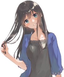 Rule 34 | 1girl, aqua eyes, black hair, blush, camisole, cardigan, collarbone, hand up, head tilt, holding, holding hair, light smile, long hair, looking at viewer, nasuko, open cardigan, open clothes, original, parted lips, simple background, smile, solo, white background