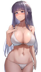 Rule 34 | 1girl, alternate costume, bikini, blunt bangs, breasts, cleavage, closed mouth, collarbone, commentary, cowboy shot, fern (sousou no frieren), frown, hanabusaraleigh, hand on own chest, highres, large breasts, light blush, long hair, looking at viewer, navel, purple eyes, purple hair, sidelocks, solo, sousou no frieren, stomach, straight hair, sweatdrop, swimsuit, white background, white bikini