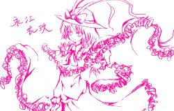 Rule 34 | 1girl, arm up, bow, capelet, character name, frilled shawl, frills, hat, hat bow, highres, long hair, long skirt, looking at viewer, monochrome, nagae iku, raptor7, shawl, simple background, sketch, skirt, solo, touhou, translated, white background