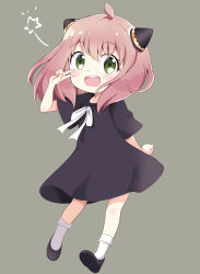 Rule 34 | ahoge, anya (spy x family), arm behind back, arms behind back, black dress, black footwear, child, clenched hand, commentary request, dress, full body, green eyes, grey background, hand up, legs, light blush, looking at viewer, massala, medium hair, open mouth, pink hair, ribbon, shoes, short sleeves, simple background, smile, socks, solo, spy x family, star (symbol), teeth, upper teeth only, v, white ribbon, white socks