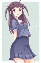 Rule 34 | 1girl, :d, black hair, blue shirt, blue skirt, blush, bow, breasts, brown bow, e20, green background, hair bow, heart, highres, looking at viewer, open mouth, original, outside border, pleated skirt, puffy short sleeves, puffy sleeves, red eyes, school uniform, shirt, short sleeves, skirt, small breasts, smile, solo, two-tone background, two side up, white background