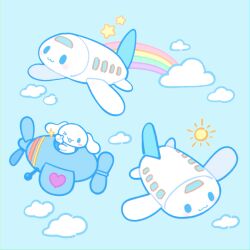 Rule 34 | aircraft, airplane, biskyfresh, blue background, cinnamoroll, cloud, commentary, english commentary, heart, highres, looking at viewer, no humans, one eye closed, rainbow, sanrio, simple background, smile, sun, thumbs up