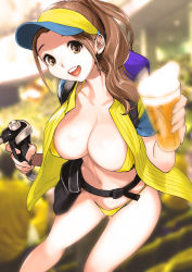 Rule 34 | 1girl, :d, alcohol, backpack, bag, beer, belt, bikini, breasts, brown eyes, brown hair, dytm, highres, jacket, large breasts, leaning forward, long hair, looking at viewer, open clothes, open jacket, open mouth, original, ponytail, pool monitor part-timer (dtym), smile, solo, swimsuit, visor cap, yellow bikini