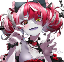Rule 34 | 1girl, black bow, black nails, blush, bow, colored skin, double bun, earrings, grey skin, hair between eyes, hair bow, hair bun, hands up, heterochromia, highres, hololive, hololive indonesia, jewelry, kito koruta, kureiji ollie, looking at viewer, multicolored eyes, multicolored hair, nail polish, open mouth, patchwork skin, red eyes, red hair, signature, silver hair, smile, solo, stitched face, stitched torso, stitches, torn clothes, two-tone hair, upper body, virtual youtuber, yellow eyes, zombie
