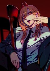 Rule 34 | 1girl, black jacket, black necktie, blonde hair, chainsaw man, chair, collared shirt, datcravat, demon horns, fangs, hair between eyes, hand on own face, highres, horns, jacket, lips, long hair, necktie, off-shoulder jacket, off shoulder, open mouth, power (chainsaw man), red background, red eyes, red horns, red lips, shirt, solo, teeth, white shirt