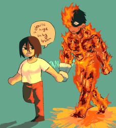 Rule 34 | 1boy, 1girl, absurdres, agni (fire punch), black hair, burn scar, burning, fire, fire punch, green background, highres, holding hands, katanagami, looking at another, mittens, mole, mole under eye, mole under mouth, scar, shirt, short hair, simple background, smile, speech bubble, togata (fire punch), walking, white shirt