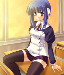 Rule 34 | 00s, 1girl, black thighhighs, blue hair, desk, ilfa (to heart), masakichi (crossroad), robot ears, short hair with long locks, sitting, skirt, solo, thighhighs, to heart (series), to heart 2