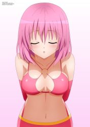 Rule 34 | 1girl, absurdres, arms behind back, bikini, breasts, cleavage, collarbone, closed eyes, facing viewer, female focus, highres, hip strap, kiss, momo velia deviluke, navel, pink hair, simple background, solo, swimsuit, to love-ru, to love-ru darkness, upper body, waiting for kiss, white background, zel-sama
