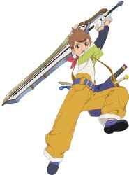 Rule 34 | 1boy, brown hair, child, commentary, english commentary, full body, gloves, highres, holding, holding sword, holding weapon, karol capel, male focus, official art, open mouth, pants, shoes, solo, sword, tales of (series), tales of asteria, tales of vesperia, teeth, upper teeth only, weapon, white gloves