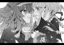 Rule 34 | 2girls, bead necklace, beads, braid, braided ponytail, coat, commentary, evil smile, face-to-face, flower-shaped pupils, frilled sleeves, frills, genshin impact, greyscale, grin, hands on another&#039;s face, hu tao (genshin impact), jewelry, jiangshi, letterboxed, long hair, long sleeves, looking at another, maki keigo, monochrome, multiple girls, necklace, no headwear, ofuda, parted lips, qiqi (genshin impact), scared, shirt, simple background, smile, symbol-shaped pupils, upper body, white background