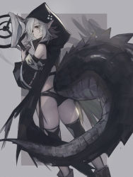Rule 34 | 1girl, ahoge, aito, arknights, black legwear, black panties, black shirt, black sleeves, crocodilian tail, detached sleeves, feet out of frame, from behind, grey background, grey hair, hands up, highres, holding, holding staff, hooded shirt, large tail, looking at viewer, looking back, panties, pointy ears, shirt, simple background, sleeveless, sleeveless shirt, solo, staff, tail, thighs, tomimi (arknights), torn clothes, torn legwear, underwear, yellow eyes