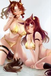 Rule 34 | 2girls, absurdres, alternate costume, animal ears, arm strap, bare shoulders, bikini, breasts, brown hair, cleavage, commission, embarrassed, gold bikini, grey eyes, highres, holding own tail, horse ears, horse girl, horse tail, jewelry, kneeling, large breasts, long hair, mejiro dober (umamusume), mejiro palmer (umamusume), multicolored hair, multiple girls, navel, necklace, open mouth, ponytail, purple eyes, sanrio, simple background, sitting, skeb commission, stomach, streaked hair, swimsuit, tail, umamusume, v, wariza, white background, white eyes (20220506white), white hair