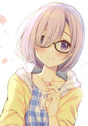 Rule 34 | 1girl, black-framed eyewear, casual, closed mouth, collarbone, commentary request, dress, dutch angle, eyes visible through hair, fate/grand order, fate (series), glasses, hair over one eye, head tilt, holding, hood, hood down, hooded jacket, jacket, long sleeves, mash kyrielight, mash kyrielight (senpai killer outfit), official alternate costume, open clothes, open jacket, petals, pink hair, plaid, plaid dress, purple eyes, short hair, smile, solo, ueno tomo, upper body, yellow jacket