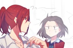 Rule 34 | 2girls, anger vein, aoki shizumi, aozaki touko, bad id, bad pixiv id, black eyes, black hair, blowing smoke, cigarette, earrings, holding, holding cigarette, jewelry, kara no kyoukai, looking at another, multiple girls, necklace, ponytail, red eyes, red hair, ryougi shiki, short hair, smoke, smoking, sweat, upper body
