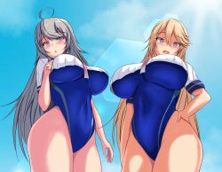 Rule 34 | 2girls, ahoge, arm at side, bad hands, blonde hair, blue eyes, blue one-piece swimsuit, blush, breasts, breasts apart, chestnut mouth, competition swimsuit, covered navel, cowboy shot, crop top, curvy, from below, gradient neckwear, grey eyes, hair between eyes, hand on own hip, hand up, head tilt, highleg, highres, huge breasts, impossible clothes, impossible swimsuit, iowa (kancolle), kantai collection, large breasts, leaning back, lens flare, long hair, looking at viewer, matching outfits, montemasa, multiple girls, necktie, one-piece swimsuit, open mouth, pink neckwear, sailor, school uniform, serafuku, shirt, short sleeves, silver hair, sky, smile, star-shaped pupils, star (symbol), sunlight, swept bangs, swimsuit, symbol-shaped pupils, thighs, tsurime, very long hair, washington (kancolle), white shirt