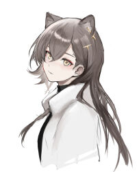 Rule 34 | 1girl, absurdres, animal ears, arknights, blush, braid, brown hair, earrings, extra ears, hair between eyes, highres, holding, jacket, jewelry, long hair, long sleeves, mole above eye, official alternate costume, open clothes, open jacket, penance (arknights), penance (occasionally flushed) (arknights), s 4ik4, shirt, simple background, solo, sweater, tail, very long hair, white jacket, wolf ears, wolf girl, yellow eyes