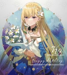Rule 34 | 1girl, absurdres, bare shoulders, blonde hair, blue dress, blue eyes, braid, braided bangs, dated, dress, eihi, floral background, flower, hair flower, hair ornament, half-closed eyes, happy birthday, highres, holding, holding flower, jewelry, lieselotte riefenstahl, light smile, long hair, necklace, official art, pearl necklace, solo, star (sky), star (symbol), strapless, strapless dress, tsundere akuyaku reijou lieselotte to jikkyou no endou-kun to kaisetsu no kobayashi-san, very long hair