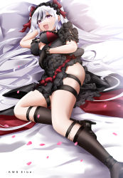 Rule 34 | 1girl, absurdly long hair, azur lane, black dress, black footwear, black gloves, black socks, breasts, character name, dress, elbe (azur lane), elbe (time to show off?) (azur lane), fang, frilled dress, frilled hairband, frills, full body, gloves, hairband, heart, heart-shaped pupils, high heels, highres, long hair, lying, medium breasts, official alternate costume, on side, open mouth, purple eyes, red ribbon, ribbon, skin fang, skindentation, socks, solo, symbol-shaped pupils, thigh strap, underboob, very long hair, white hair, winterfall (artenh)