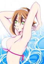 Rule 34 | 1girl, armpits, arms behind head, breasts, brown hair, gel (guyver123), graphite (medium), green eyes, hair between eyes, hairband, highres, kantai collection, large breasts, mechanical pencil, mutsu (kancolle), open mouth, pencil, short hair, solo, swimsuit, traditional media, upper body, water, wet, white hairband