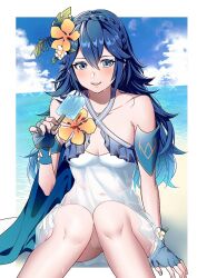 Rule 34 | 1girl, adapted costume, alternate hairstyle, ameno (a meno0), bikini, blue eyes, blue hair, blush, braid, breasts, crown braid, fingerless gloves, fire emblem, fire emblem awakening, fire emblem heroes, gloves, long hair, looking at viewer, lucina (fire emblem), navel, nintendo, official alternate costume, open mouth, see-through, small breasts, smile, solo, swimsuit, white bikini