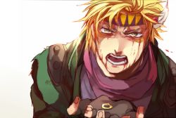 Rule 34 | 1boy, 2f sq, battle tendency, blonde hair, blood, blood on face, caesar anthonio zeppeli, facial mark, feather hair ornament, feathers, fingerless gloves, gloves, green eyes, green jacket, feather hair ornament, headband, injury, jacket, jewelry, jojo no kimyou na bouken, male focus, open mouth, ribbon, ring, scarf, solo