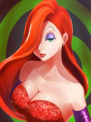 Rule 34 | 1girl, aqua eyes, bare shoulders, breasts, cleavage, disney, earrings, elbow gloves, gloves, hair over one eye, highres, jessica rabbit, jewelry, large breasts, lips, lipstick, long hair, looking at viewer, makeup, orange hair, parted lips, purple gloves, red lips, who framed roger rabbit
