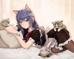Rule 34 | 1girl, absurdres, animal, animal ears, apron, blue hair, brown dress, brown pantyhose, cat, cat ears, collared dress, commentary, dress, earrings, english commentary, frilled dress, frills, gloves, green eyes, grey apron, grey gloves, highres, indoors, jewelry, looking at viewer, lying, maid, maid headdress, neck ribbon, original, pantyhose, parted lips, pillow, puffy short sleeves, puffy sleeves, red ribbon, ribbon, short sleeves, solo, sub chon9, waist apron